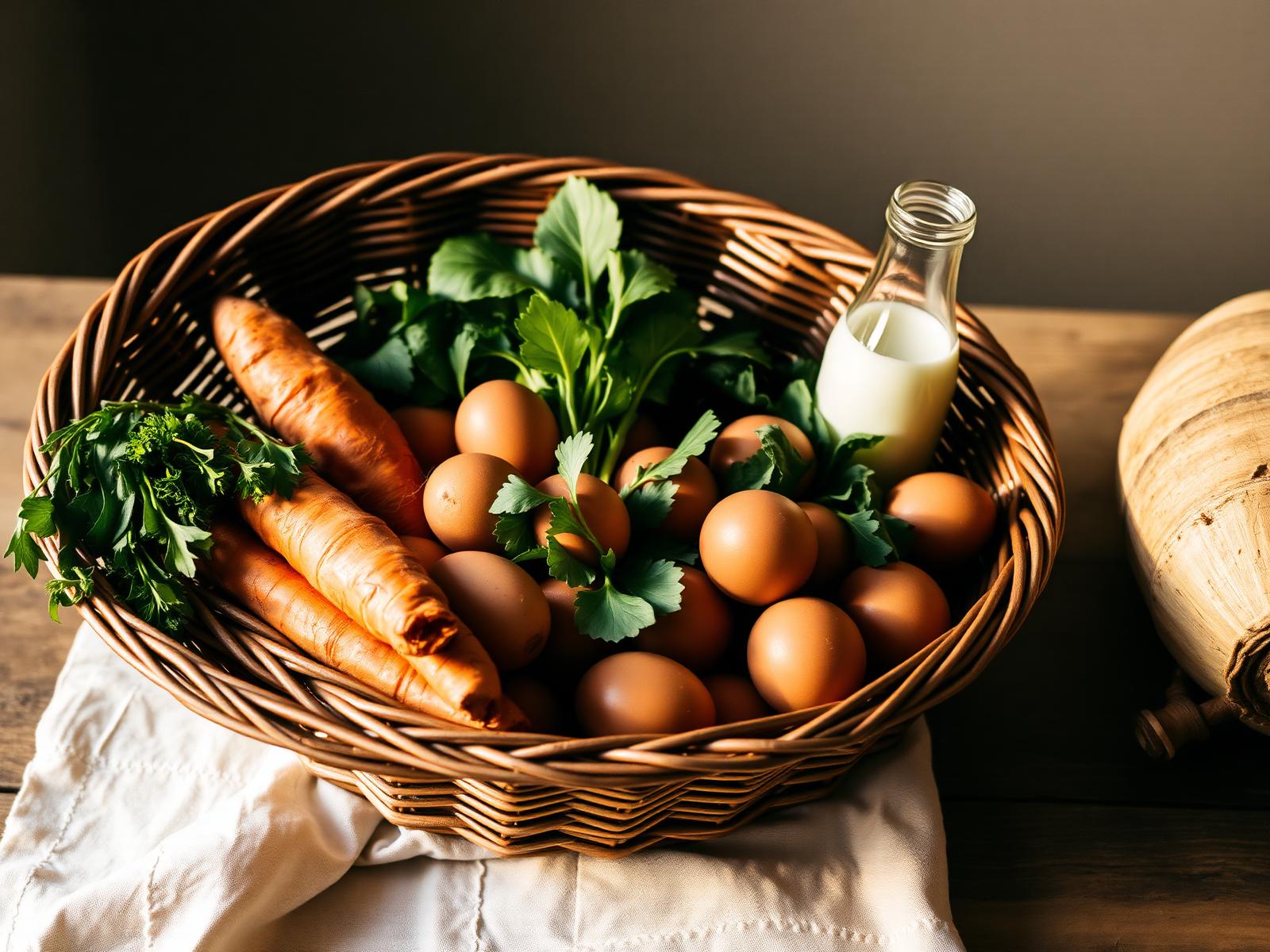 A woven basket overflowing with fresh free-range eggs and home-made amasi